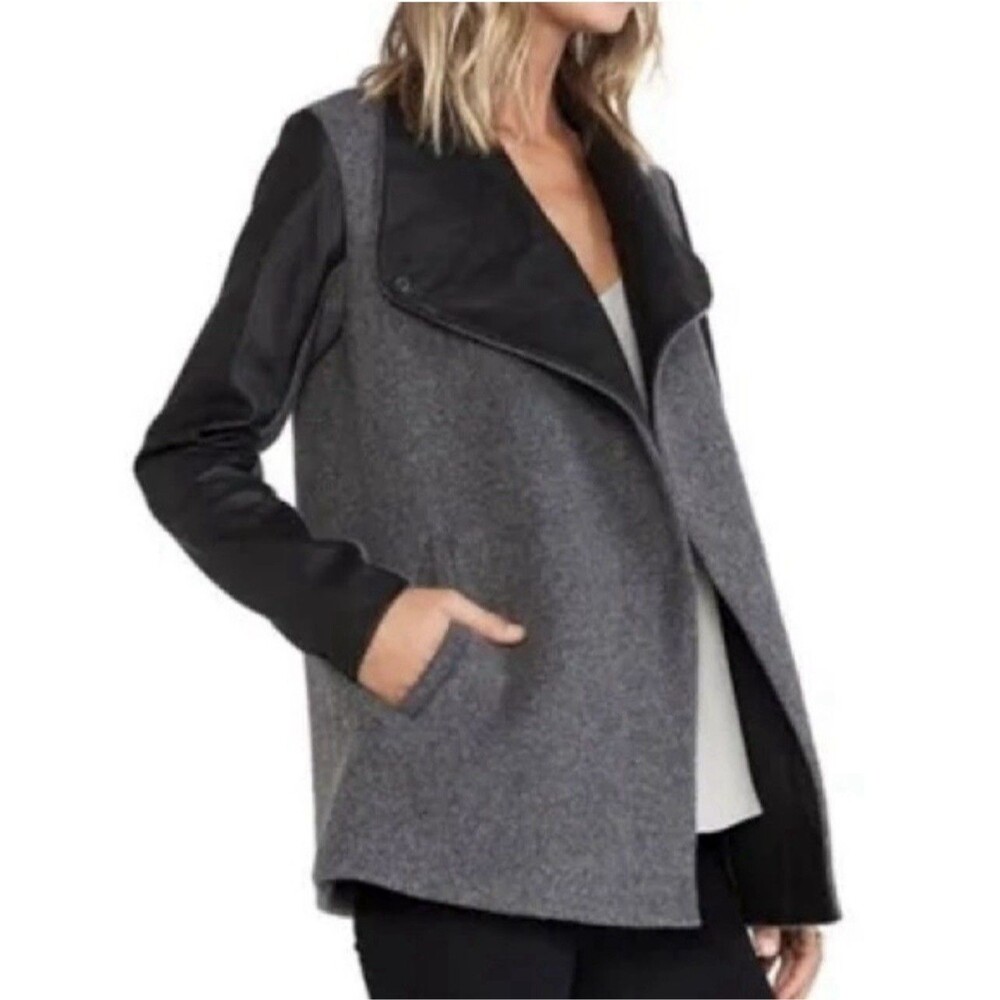 Theory Womens Naomo Black Wool Leather Open Sleeve Front Jacket Sz 0 Snap Collar